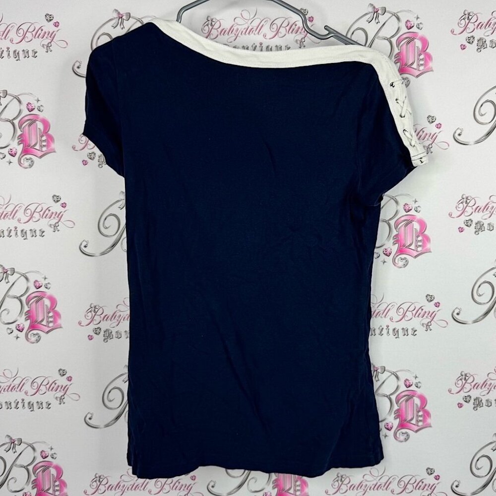 Chaps short sleeve tshirt tee corset lace up Navy and White Short Sleeve Top